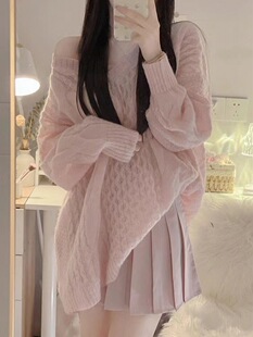 【两件套装】早秋慵懒风软糯V领针织衫宽松套头毛衣甜酷粉色短裙