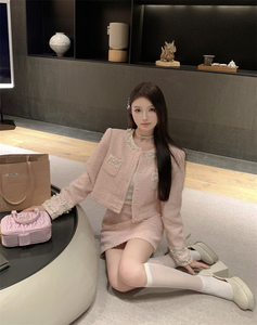 小香风重工钉珠花边长袖外套包臀半身短裙女秋季2023新款时尚套装