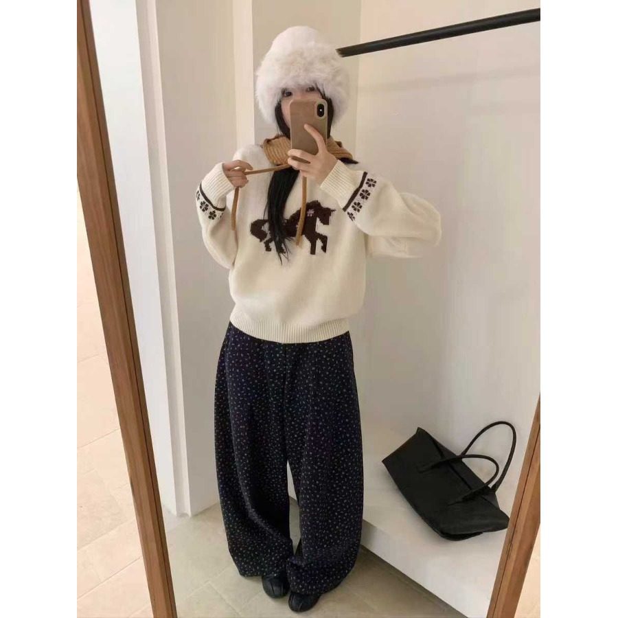 2026年冬季新款韩系圆领套头宽松红色过年新年春节针织毛衣上衣女