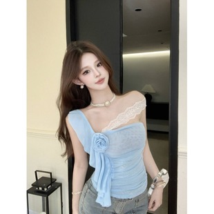 设计网纱斜肩挂脖吊带背心女夏纯欲辣妹一字肩独特绝美抹胸小上衣