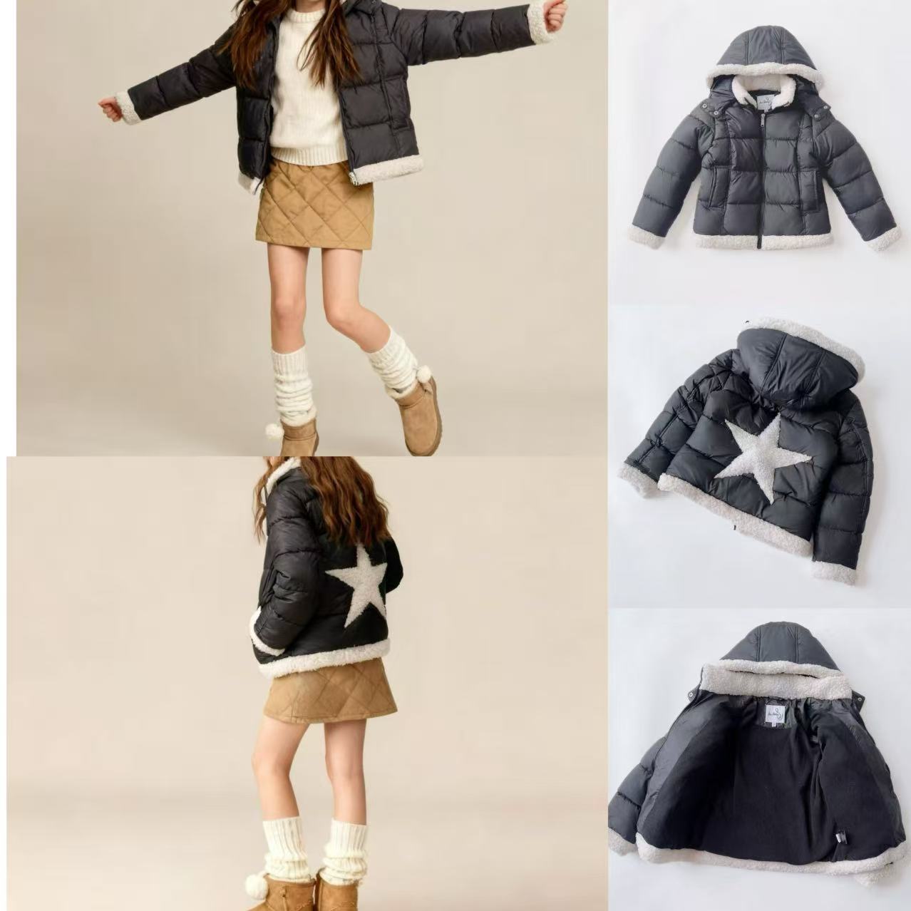 外单女童中大童秋冬拼接羊羔毛五角星厚实时尚洋气款连帽棉衣棉服