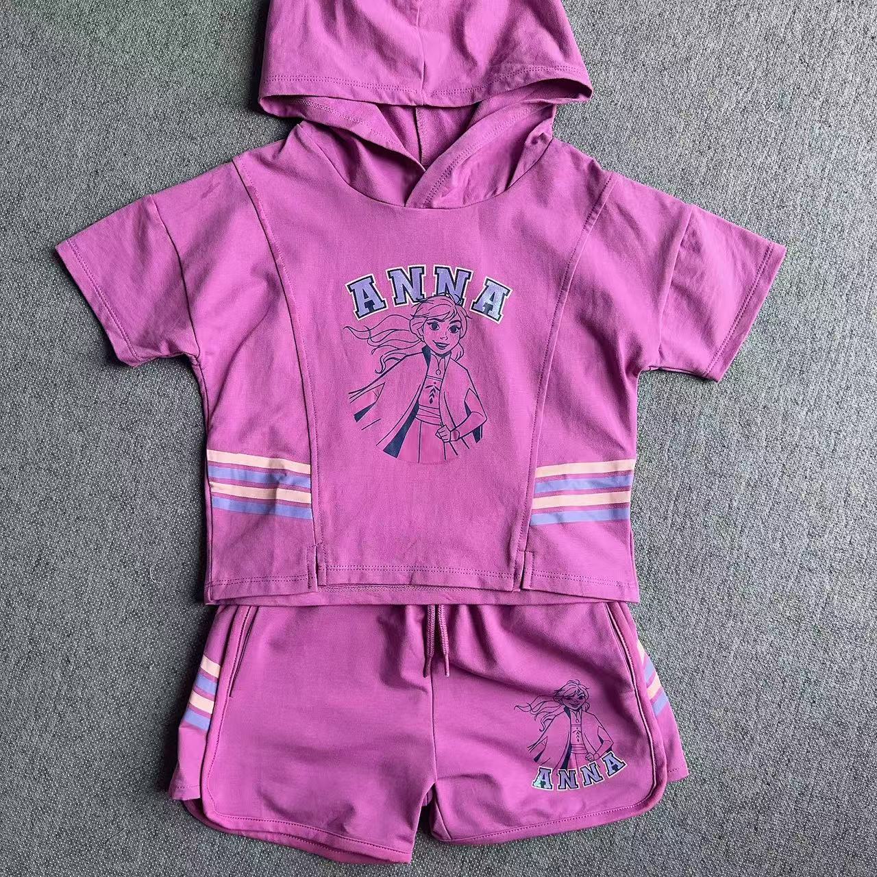 外单夏季新款女童中大童冰雪公主款连帽卫衣短袖T恤短裤裤子套装