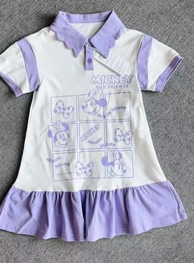 超美卡通米妮女童夏季新款紫色拼接时尚洋气娃娃领短袖连衣裙裙子