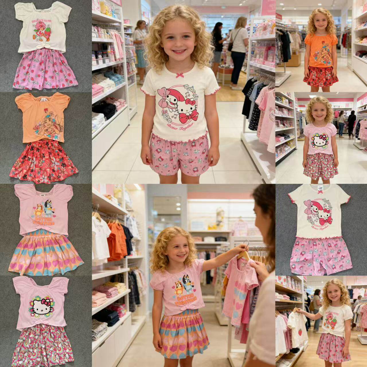 合集外单26夏季新款女童2-14卡通KT棉公主短袖T恤半身裙短裤套装