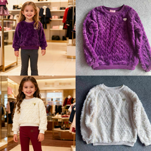外单超美女童7-12秋冬新款羊羔毛宝宝长袖毛毛柔软套头卫衣绒衫