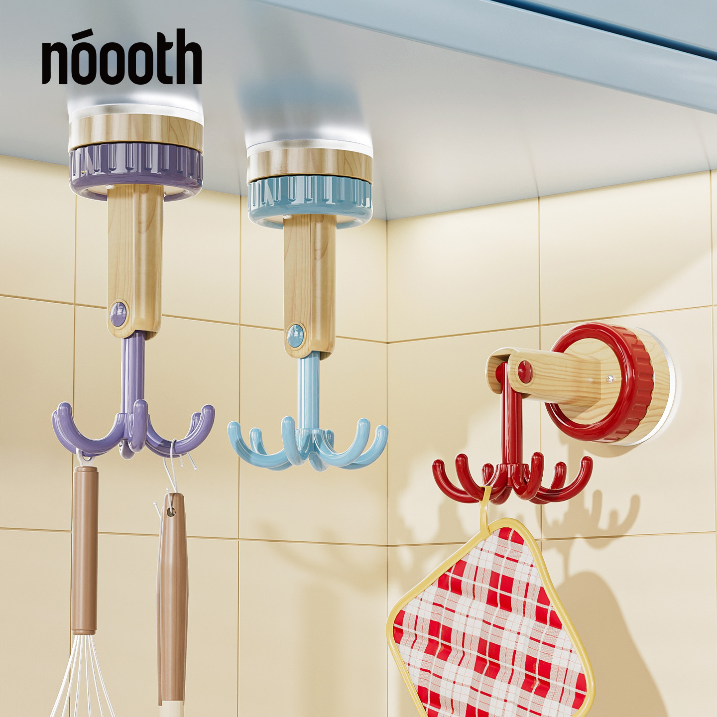 木纹吸盘六爪旋转挂钩免打孔厨房置物架锅铲勺子挂架厨具收纳架子