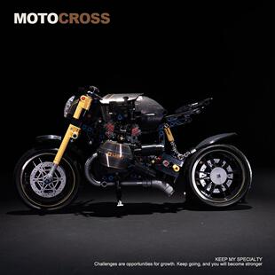 中国积木1:8复古摩托车拿铁男生礼物高难度拼装积木玩具模型