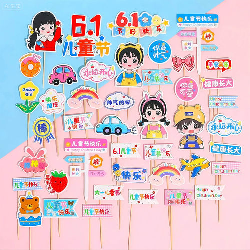61儿童节卡通小插件蛋糕装饰插牌祝福语合集六一快乐烘焙店配件