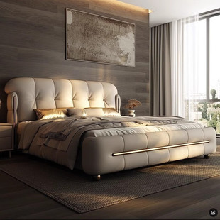 意式极简真皮床高端大气软包双人主卧大床现代简约轻奢皮床储物床