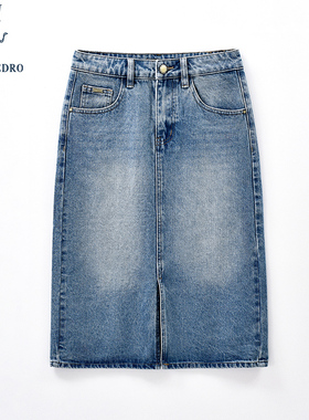 保罗彼得2025年春夏新款女士水洗牛仔裙中长开叉半身裙BLEA62480