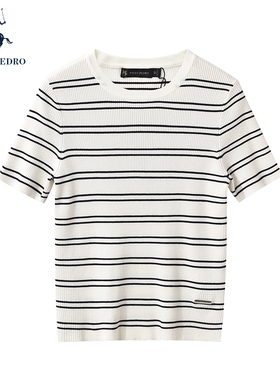 保罗彼得2025春夏新女短袖针织衫T恤圆领条纹专柜同款UKEB66661