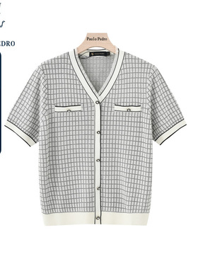 保罗彼得春夏季新款休闲短袖针织衫女格子透气上衣开衫MFDB41140