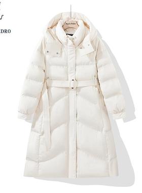 保罗彼得冬季新款女士90鸭绒连帽中长款羽绒服外套收腰LEDD76180