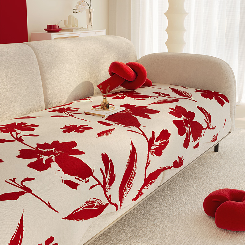 沙发垫四季通用2023新款红色雪尼尔坐垫防滑高端定制异形防猫抓