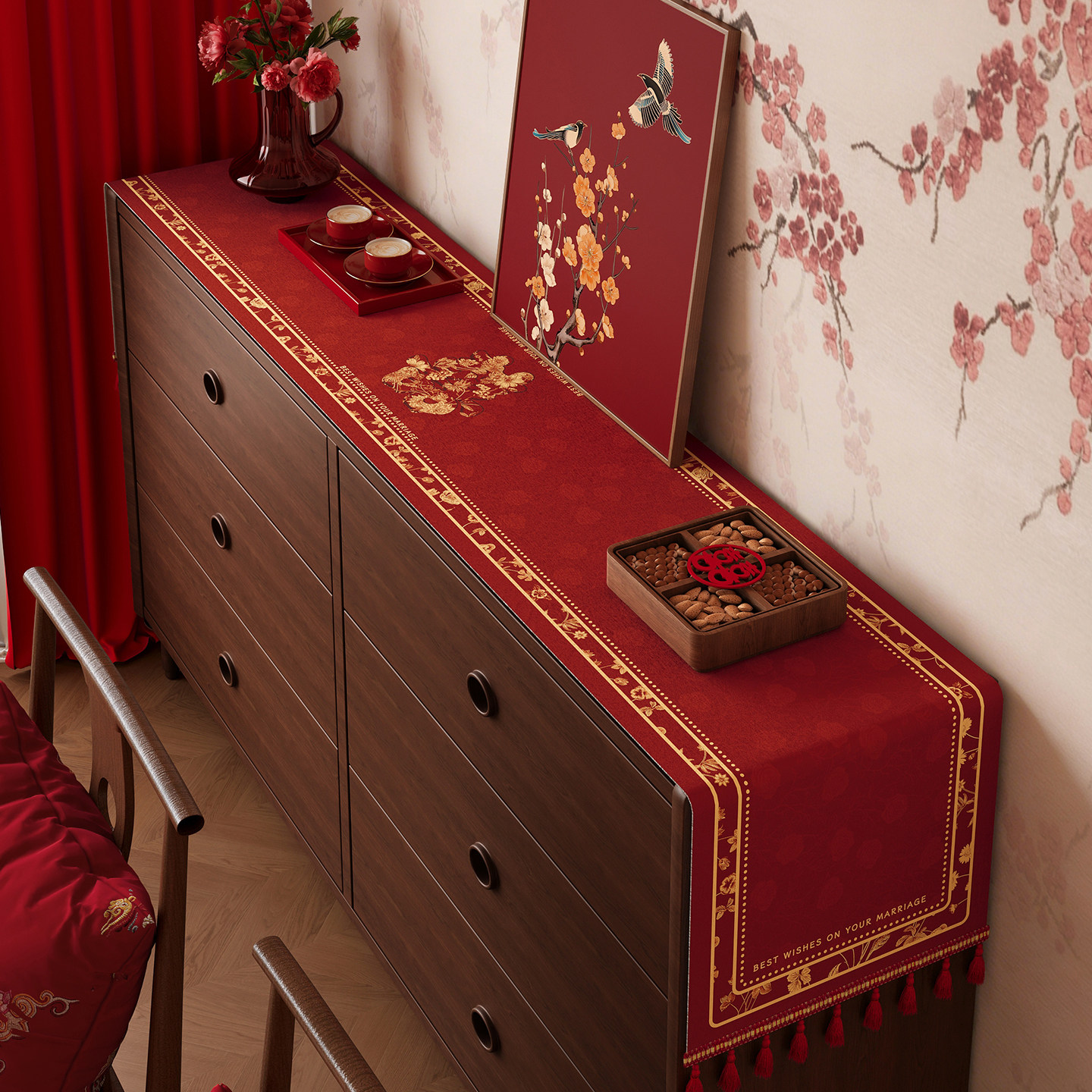 结婚喜庆电视柜桌布红色餐边柜台布婚房氛围装饰玄关鞋柜长条盖布,居家布艺,桌布,淘宝优惠券,粉丝福利购,淘宝优惠卷