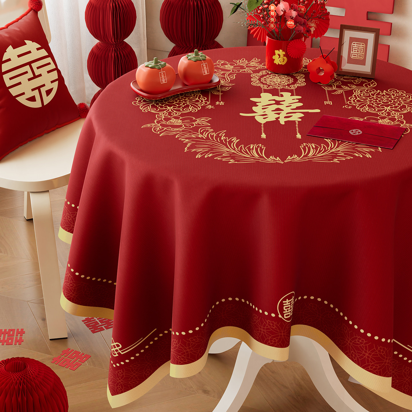 结婚圆桌布红色喜庆圆形餐桌布图片