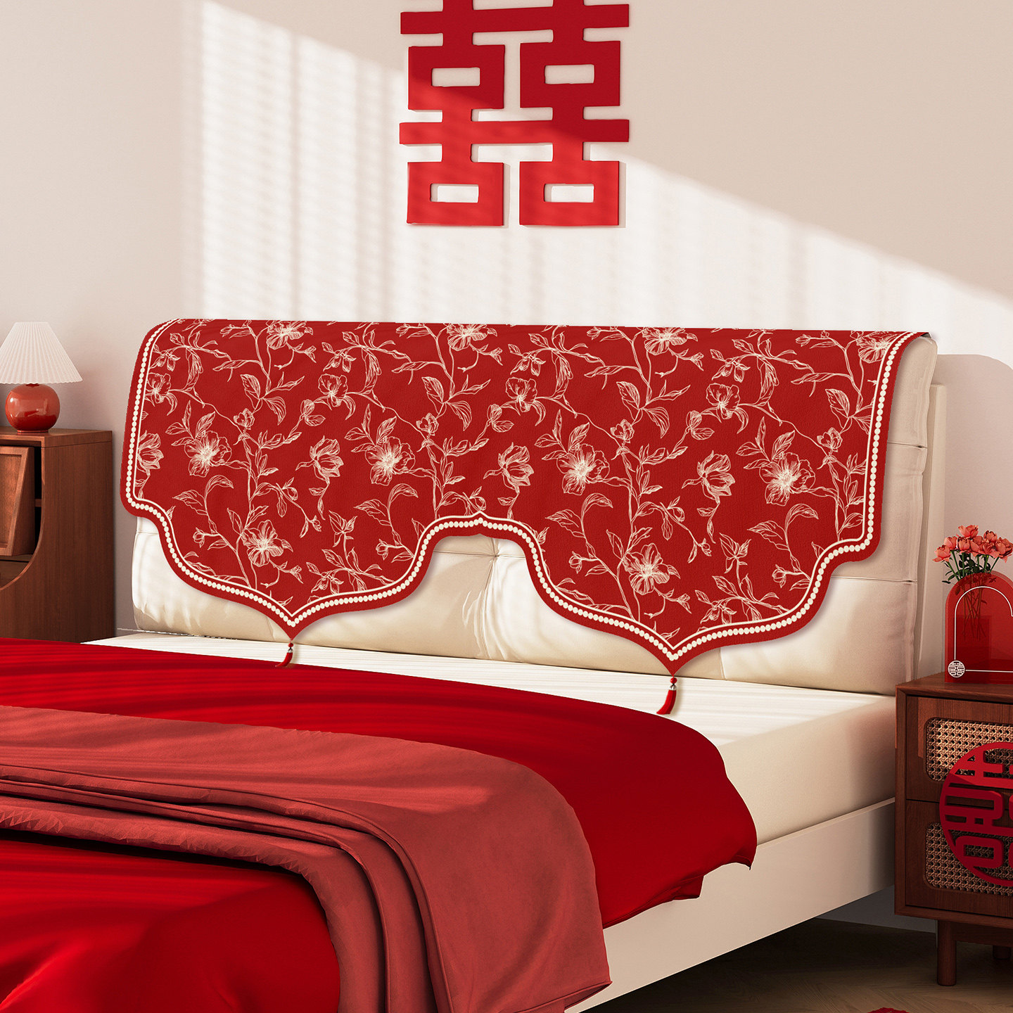 结婚床头盖巾红色喜字婚房装饰2026新款软包套罩遮丑神器遮灰尘布,居家布艺,床头罩,淘宝优惠券,粉丝福利购,淘宝优惠卷