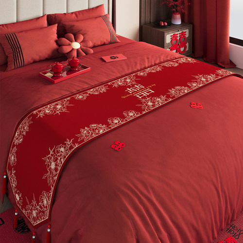 结婚床旗红色喜庆婚房喜字床盖