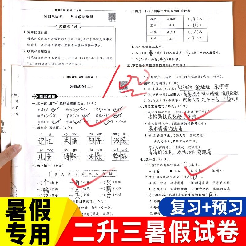暑假作业二年级下册试卷测试卷全套2册语文数学暑假试卷黄冈同步训练人教版二升三衔接教材练习册题小学2下期末复习预习巩固冲刺卷