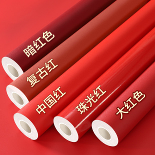 红色木纹贴纸自粘墙纸防水复古暗红色中国红酒红色壁纸大红色背景