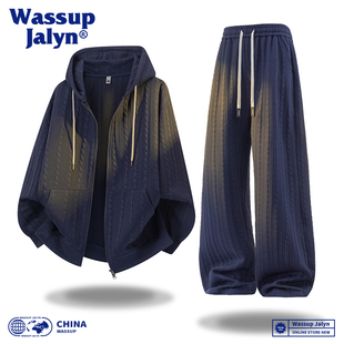 长裤 WASSUP 男秋冬宽松大码 连帽卫衣套装 情侣休闲两件套 JALYN开衫