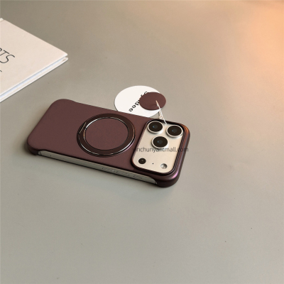 酒红素皮支架适用苹果17手机壳半包17Promax硬15pro简约16高级感iPhone15防摔14新款全包16pro男女超好看