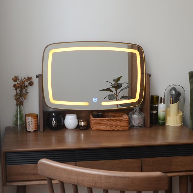 实木化妆镜胡桃木色卧室翻转LED梳妆台镜子带灯中古风智能补光镜