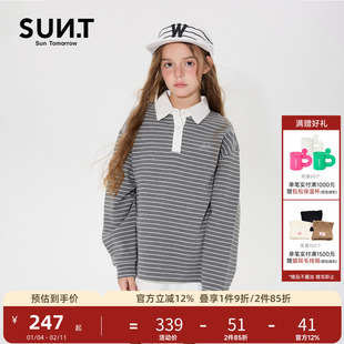 suntomorrow2026春装新款长袖条纹POLO衫女童大童休闲翻领上衣潮