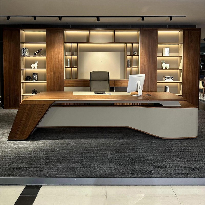 新中式实木老板桌简约现代大班台北美黑胡桃木轻奢办公桌高档定制