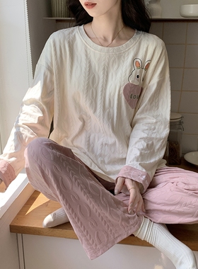 WALKING 带胸垫纯棉睡衣女款春秋季纯棉长袖套头可爱少女冬家居服