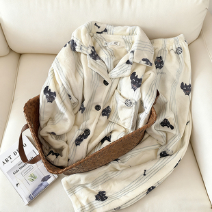 蓝调小黑猫毛绒睡衣女款秋冬季加绒加厚保暖法兰绒学生家居服套装