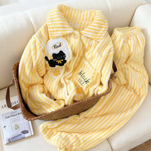 日系ins小黑猫法兰绒睡衣女冬季2025新款加厚保暖条纹少女家居服