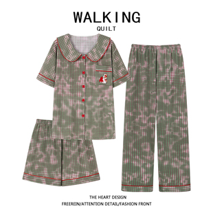 长裤 2024新款 纯棉短袖 短裤 三件套睡衣夏女款 女家居服套装 WALKING