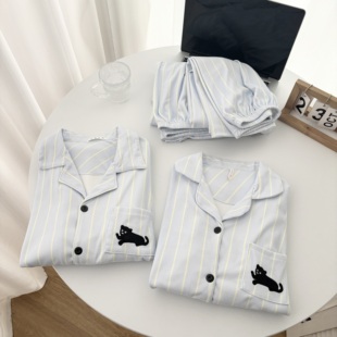 条纹小黑猫保暖德绒睡衣女款秋冬情侣长袖开衫长裤家居服套装男士