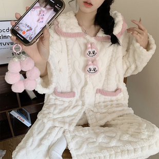 珊瑚绒长毛绒睡衣女冬季加绒加厚甜美可外穿软绵绵家居休闲服套装