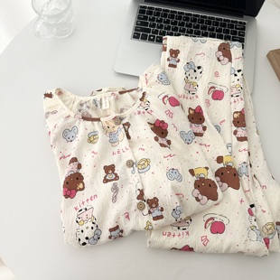 WALKING日系圆领黑皮Kitty乐园睡衣女款春秋季长袖长裤家居服套装