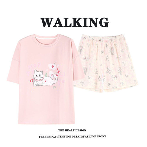 睡衣女款夏带胸垫纯棉短袖