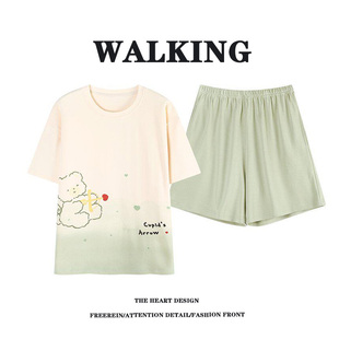 大码 纯棉短袖 新款 夏男士 WALKING 两件套家居服套装 情侣睡衣女夏款
