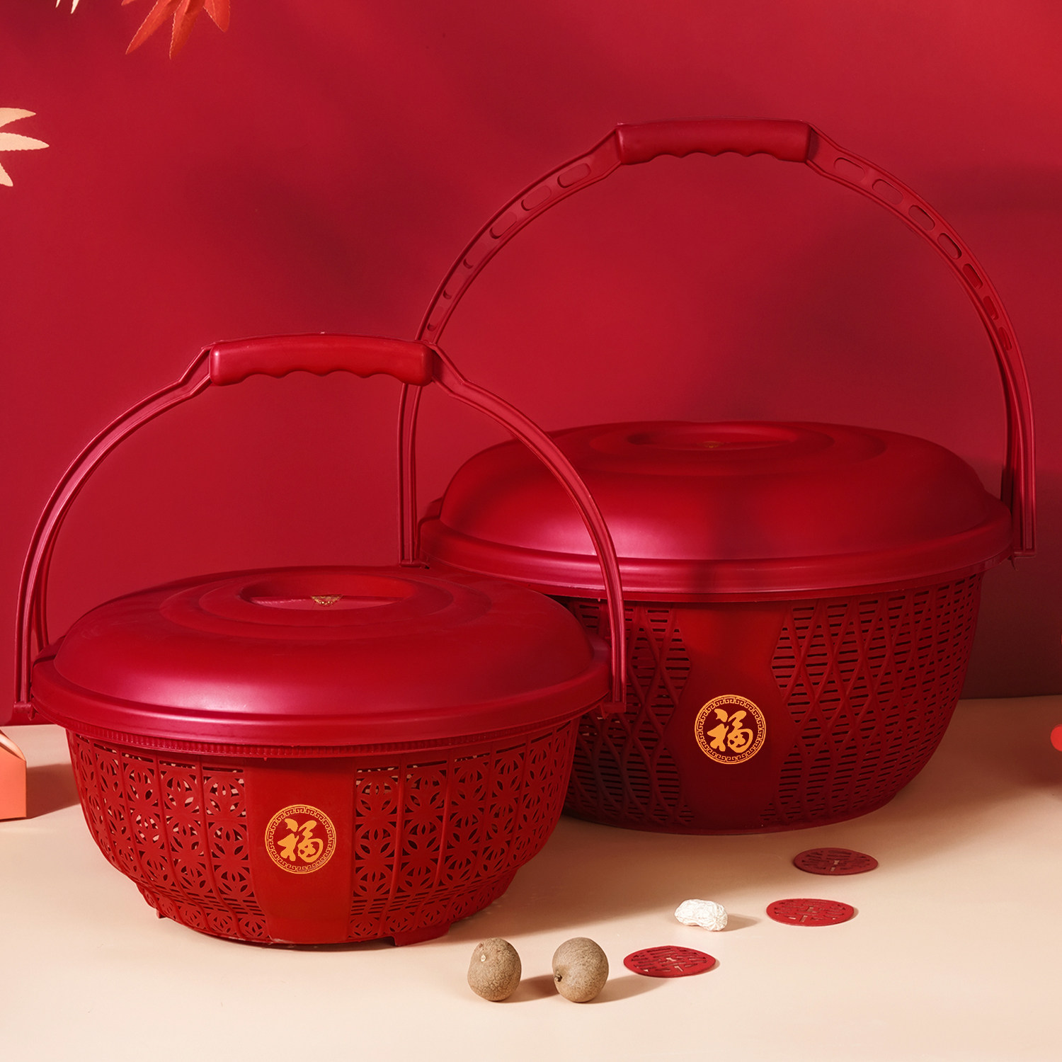 拜拜手提篮子拜神高档双层带盖加厚塑料篮圆篮红色喜庆结婚喜事篮,收纳整理,其他收纳篮,淘宝优惠券,粉丝福利购,淘宝优惠卷