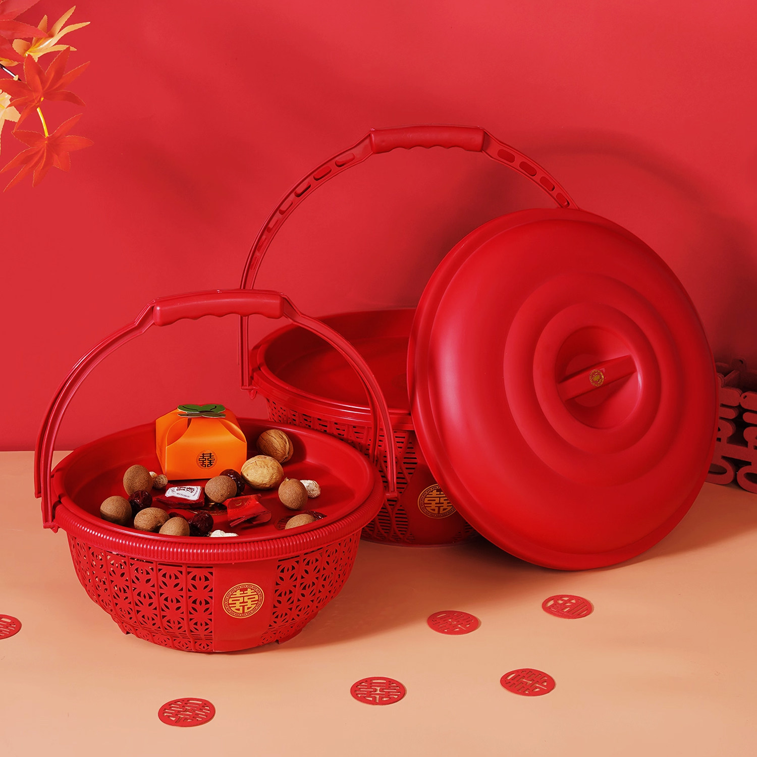 结婚手提篮家用喜事塑料带盖水果篮子双层贡品喜糖篮喜庆礼品喜篮