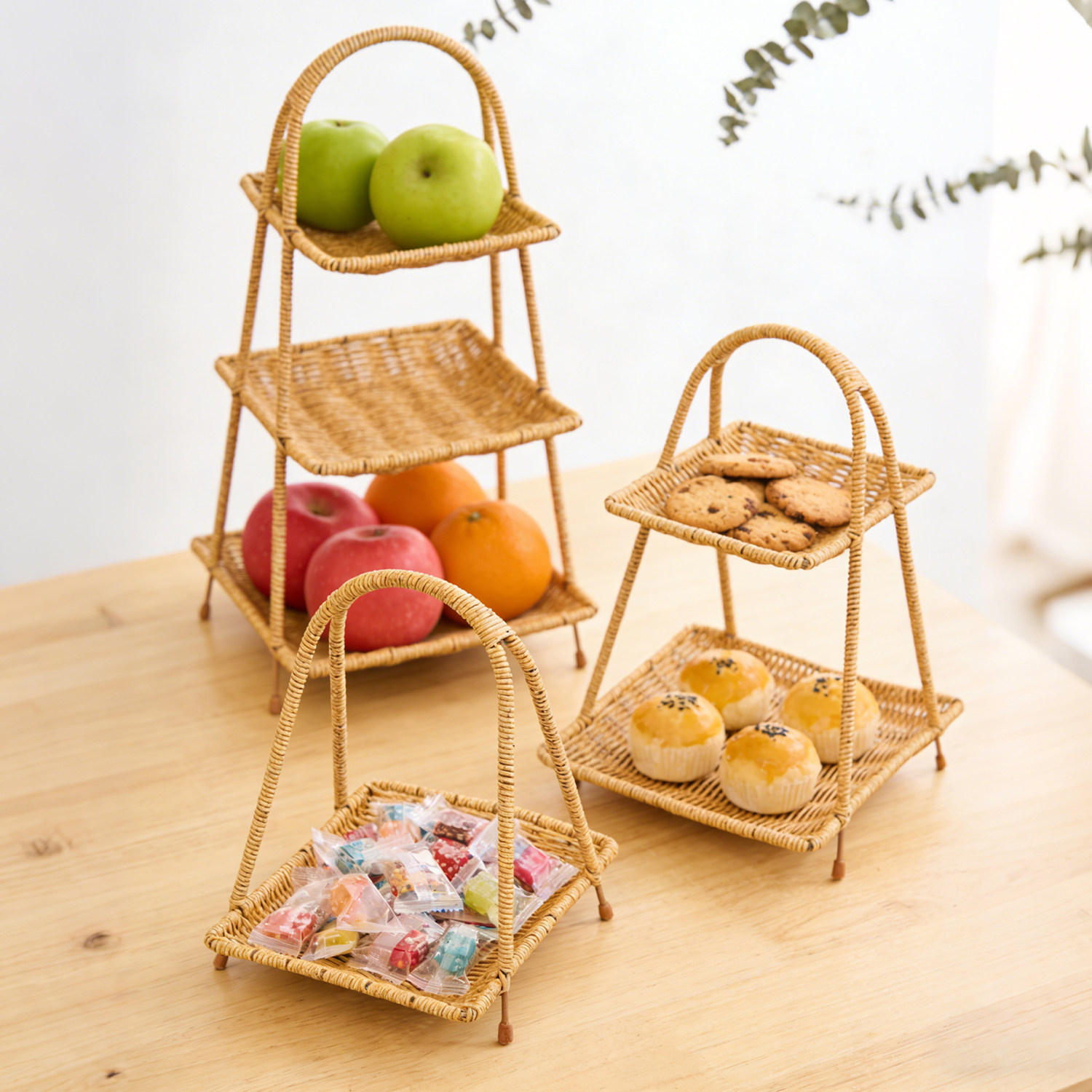 仿藤编织收纳筐多层点心果盘架乔迁之喜新居入宅仪式水果篮提篮子