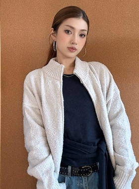 ARDT慵懒简约老钱风立领高级复古磨毛拉链上衣针织开衫毛衣男女冬