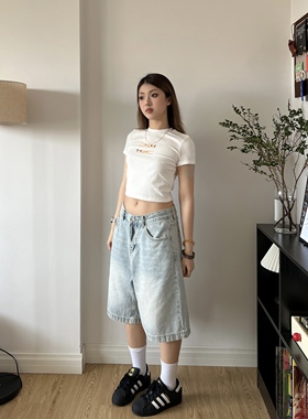 ARDENT美式复古浅蓝宽松辣妹牛仔中裤七分裤男女夏季