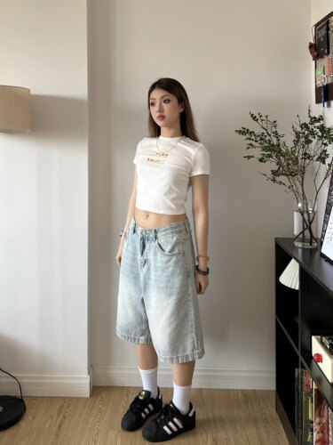 ARDENT美式复古浅蓝宽松辣妹牛仔中裤七分裤男女夏季