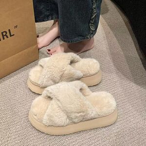 网红交叉毛毛棉拖鞋女休闲新款韩版秋冬家居厚底保暖拖鞋一字拖女