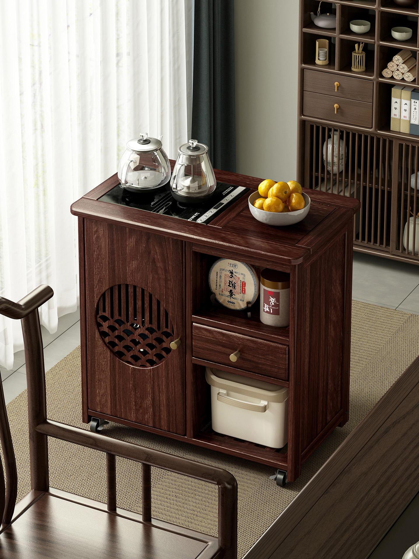实木移动茶水柜烧水壶一体边几置物架中式家用客厅沙发茶桌侧边柜