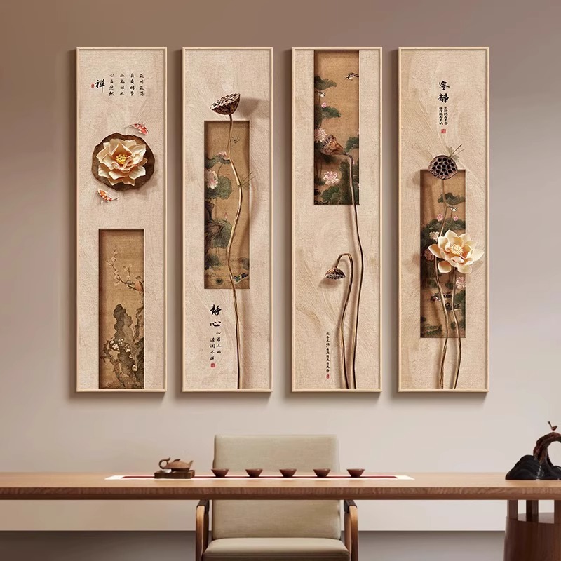 宋代美学禅意竖版新中式茶室玄关荷花装饰画高级感书房背景墙挂画图片