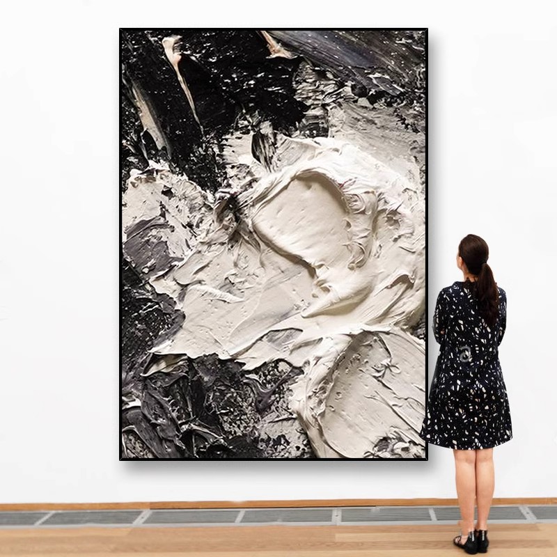 黑白立体手绘油画现代简约客厅装饰画厚肌理玄关装饰画餐厅挂画图片