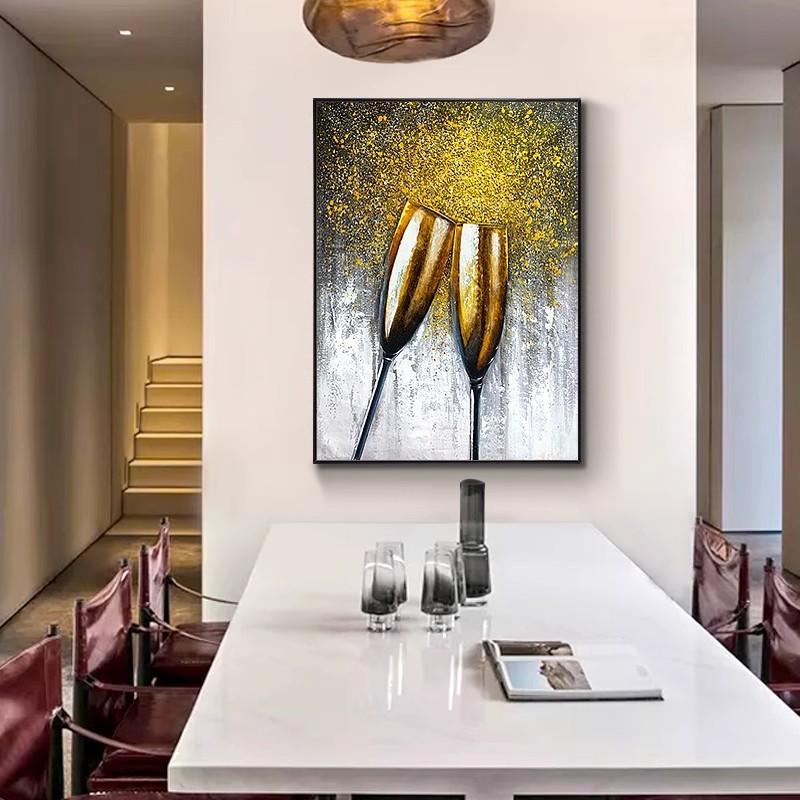 纯手绘酒杯餐厅装饰画现代轻奢美式挂画碰杯壁画方版横版竖版油画图片