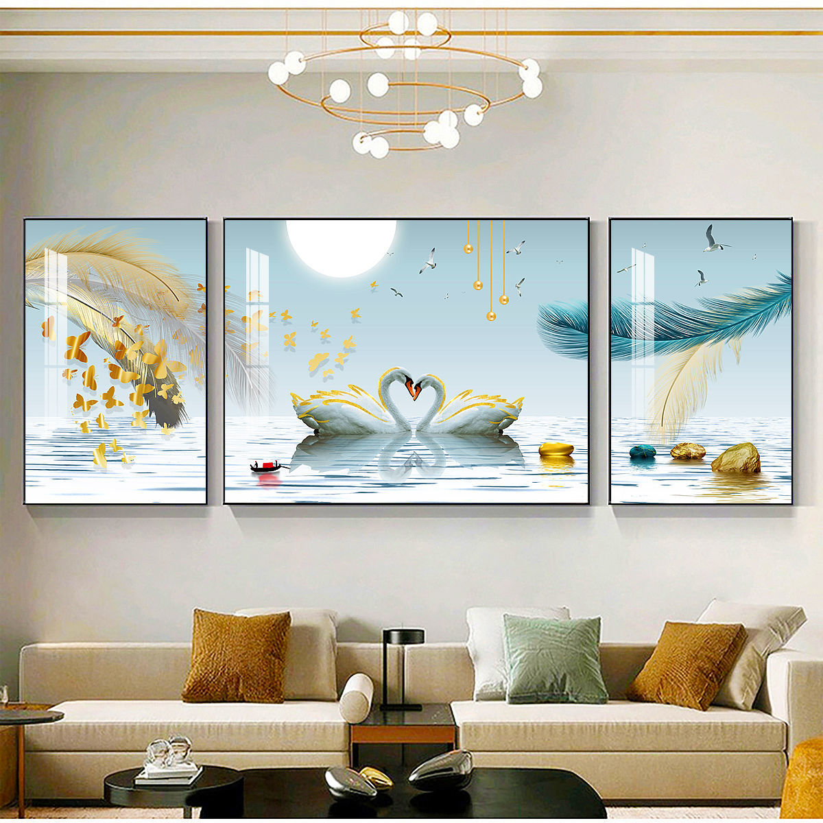 客厅装饰画现代简约沙发背景墙挂画北欧风几何晶瓷水晶三联画壁画图片